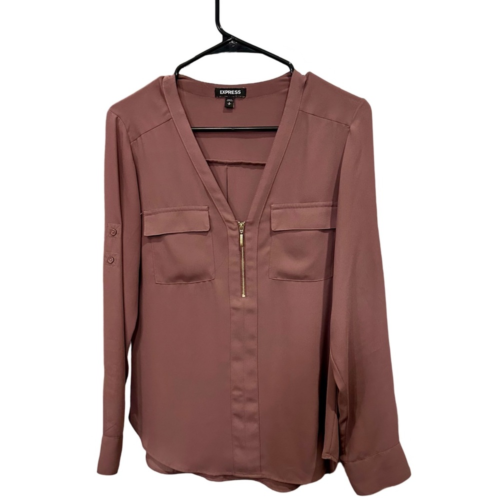 Express Two Pocket Zip Up Long Sleeve Blouse Mauve Purple Size Small